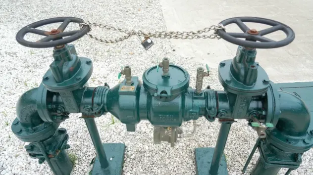 Green water meter with two valve wheels chained and padlocked.