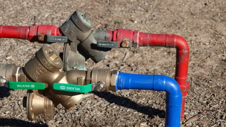 Water pipes with valves, red and blue, outdoors, on gravel.