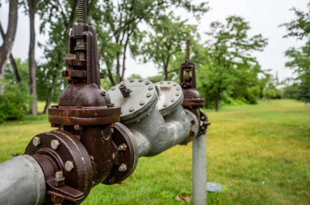 Green water meter with two valve wheels chained and padlocked.