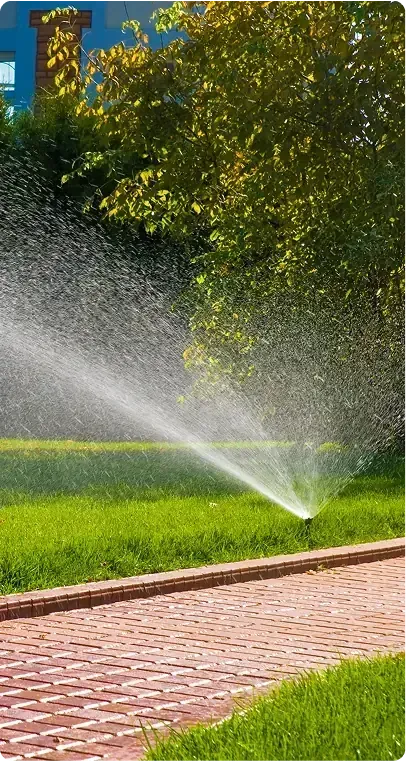 Sprinkler sprays water on green grass next to a brick path.