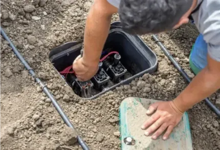 Man working on irrigation system valves in a buried box surrounded by soil and black tubing.
