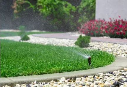 Sprinkler watering green lawn, near stone path, with flowering shrubs in the background.